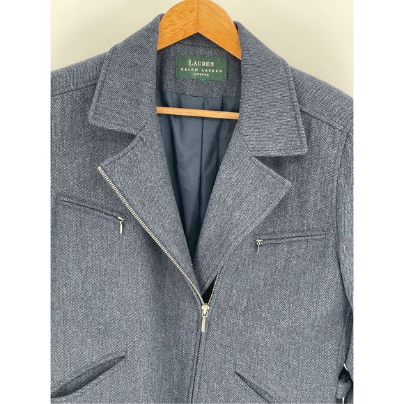 Lauren Ralph Lauren Blazer Jacket Women Petite Small Full Zip Moto Blue Wool - Picture 2 of 13